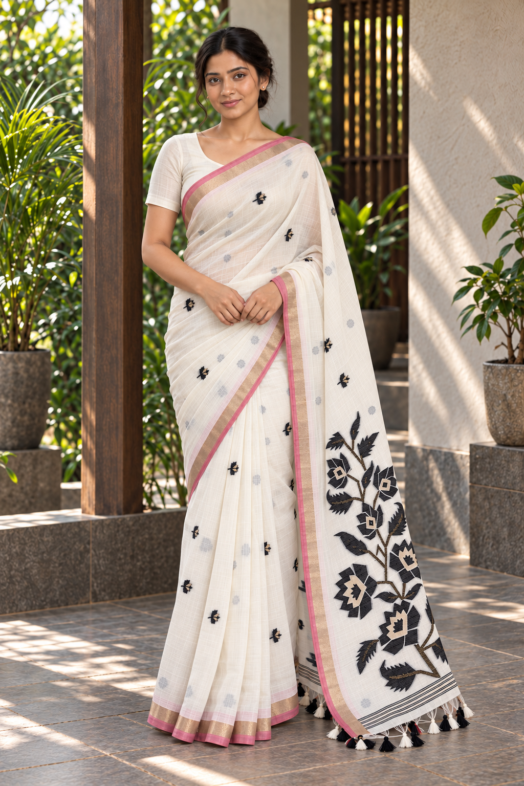 Ivory Jamdani Saree with Black Floral & Bird Pallu — full-length drape
