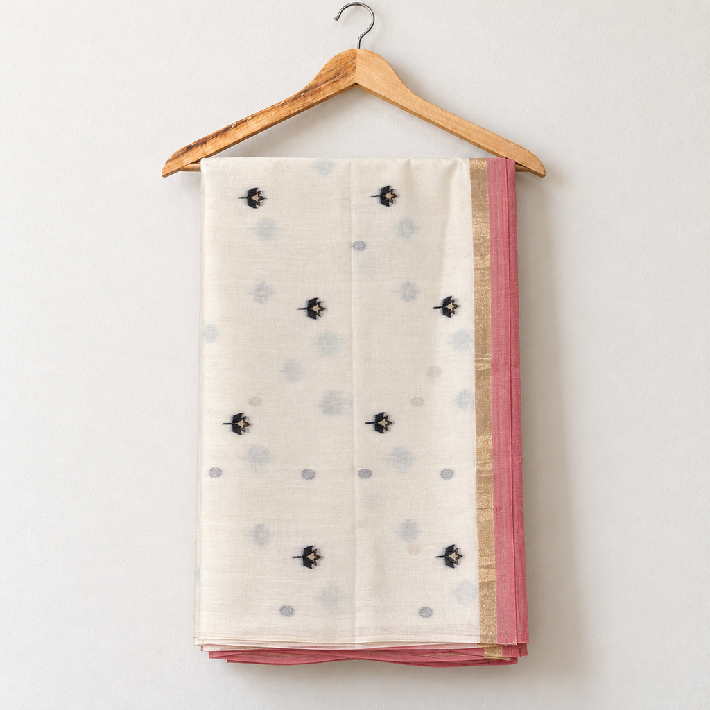 Ivory Jamdani Saree with Black Floral & Bird Pallu — body and border on a wooden hanger