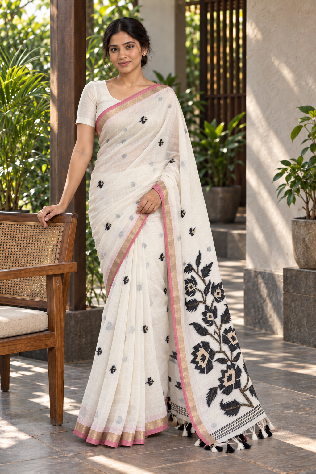 Ivory Jamdani Saree with Black Floral & Bird Pallu — lifestyle model view