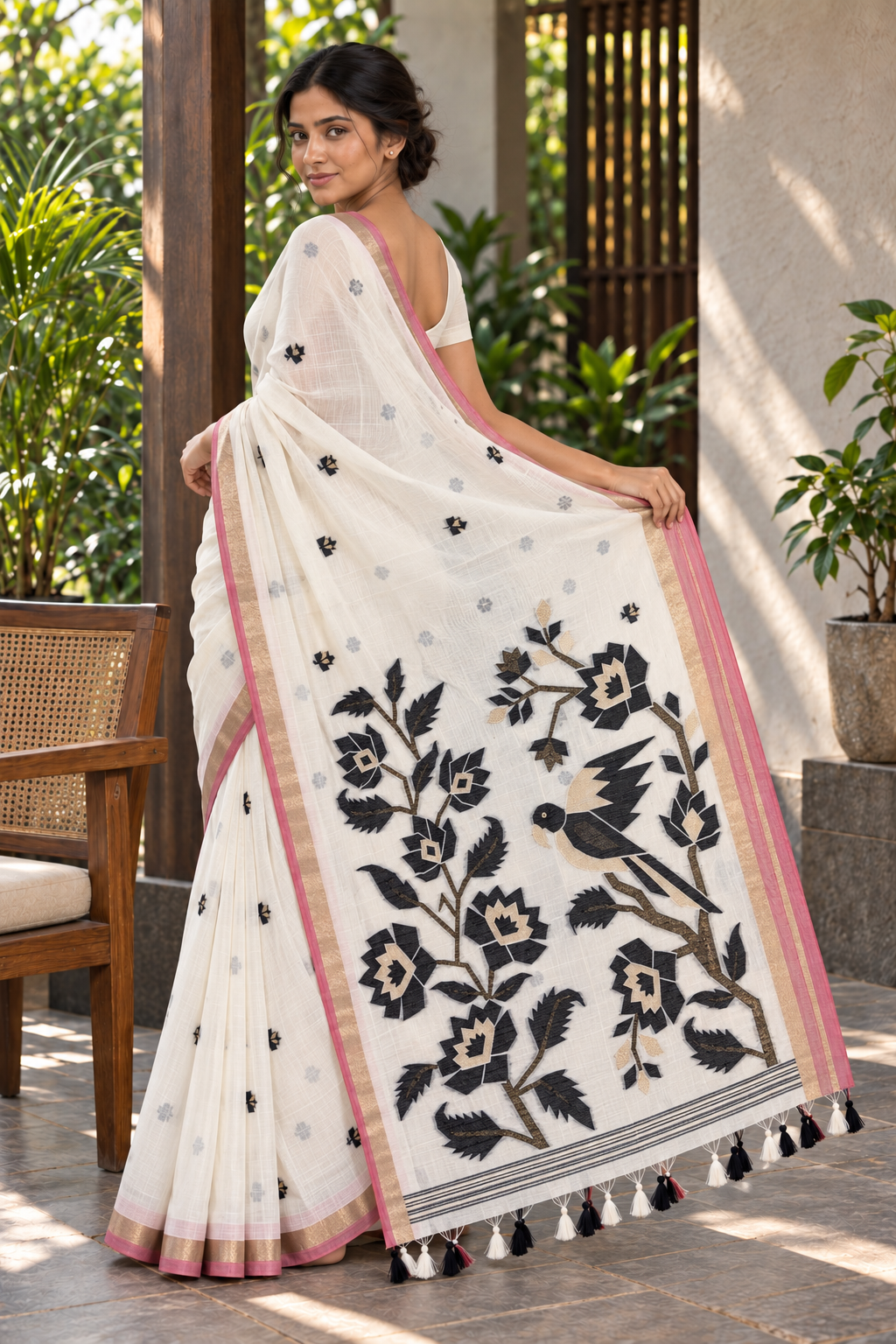 Ivory Jamdani Saree with Black Floral & Bird Pallu — pallu displayed on model