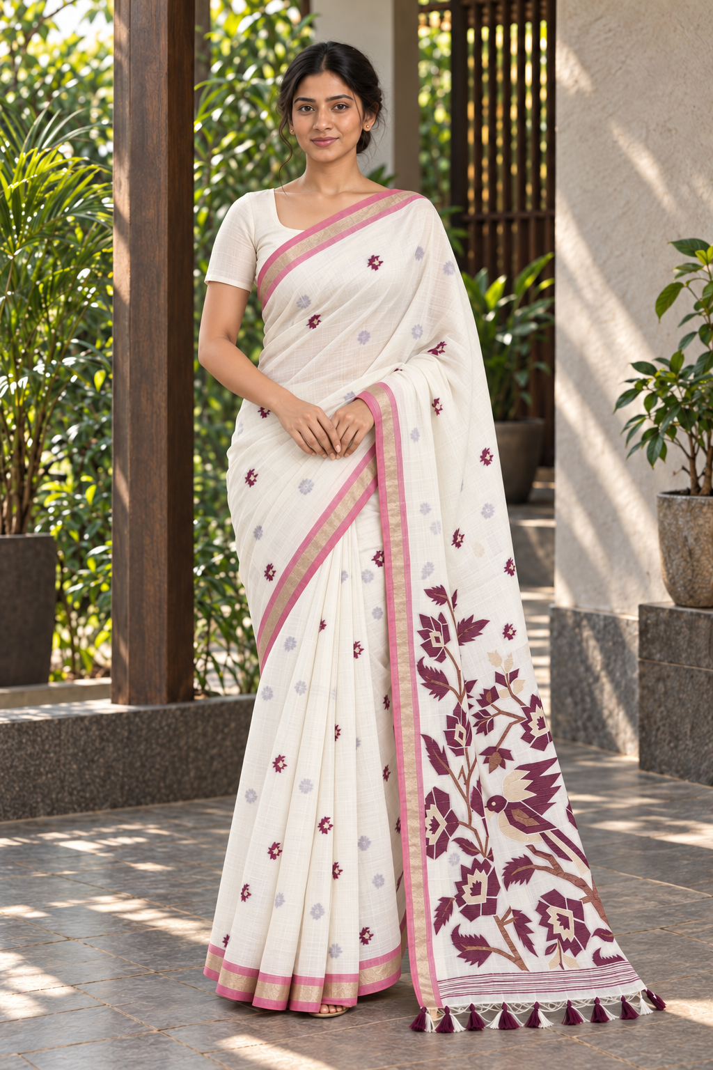Ivory Jamdani Saree with Maroon Floral & Bird Pallu — full-length drape