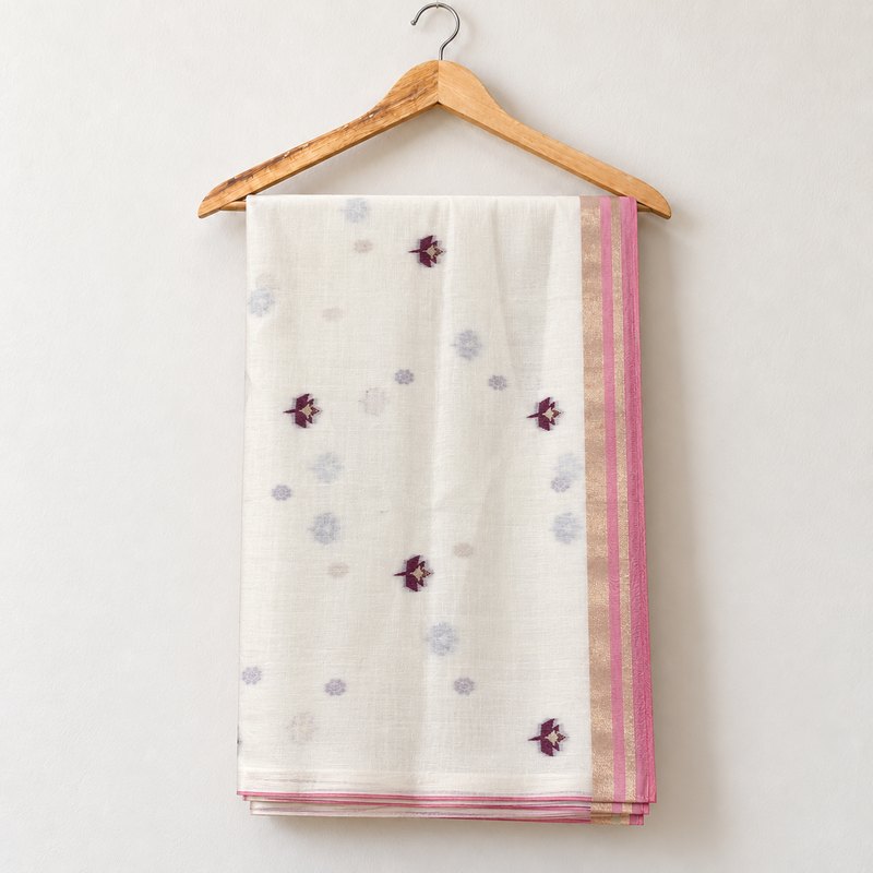 Ivory Jamdani Saree with Maroon Floral & Bird Pallu — body and border on a wooden hanger