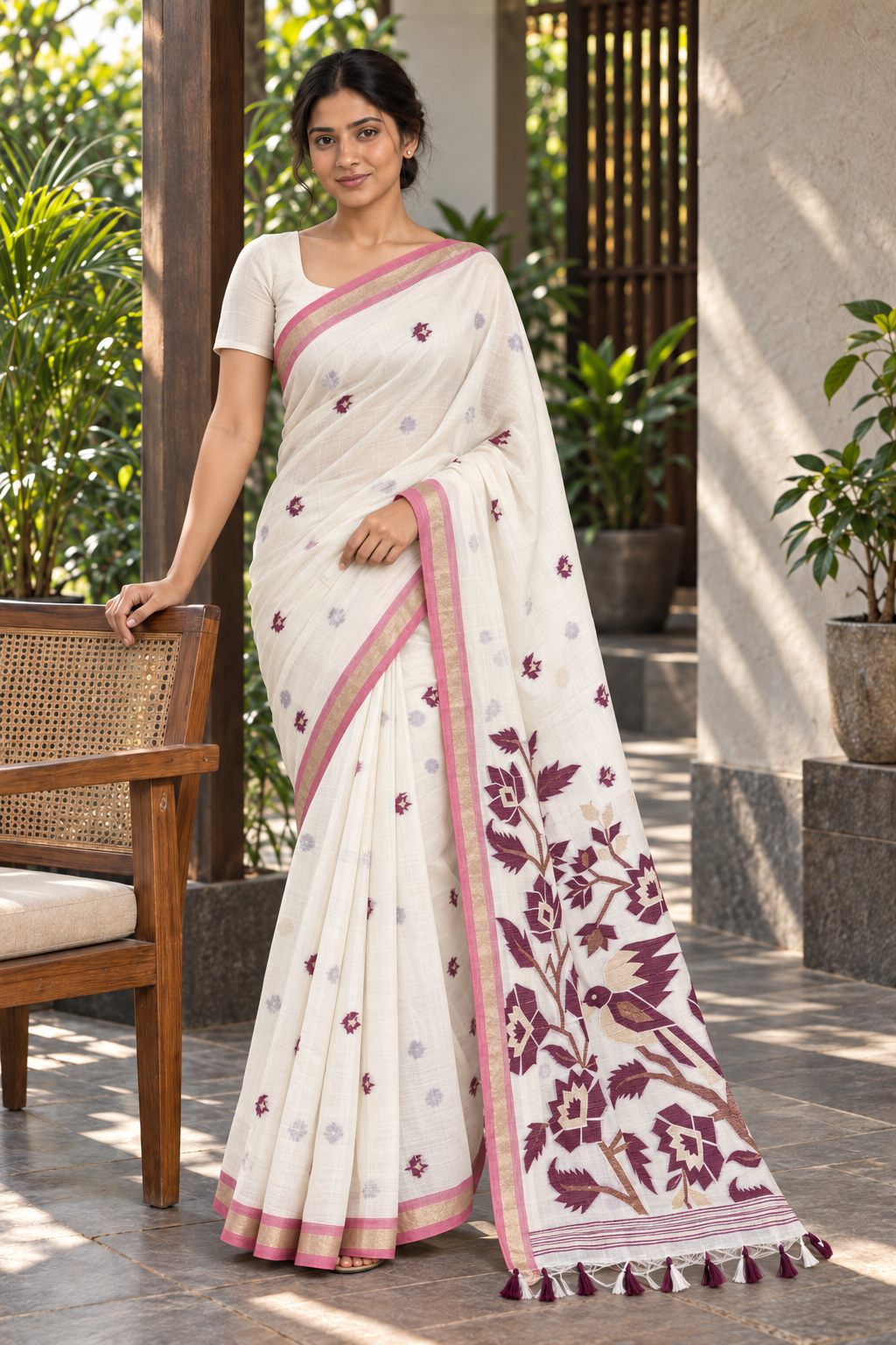 Ivory Jamdani Saree with Maroon Floral & Bird Pallu — lifestyle model view