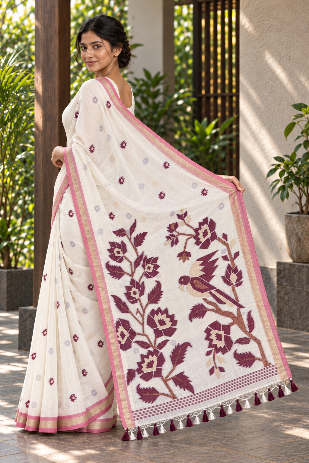 Ivory Jamdani Saree with Maroon Floral & Bird Pallu — pallu displayed on model