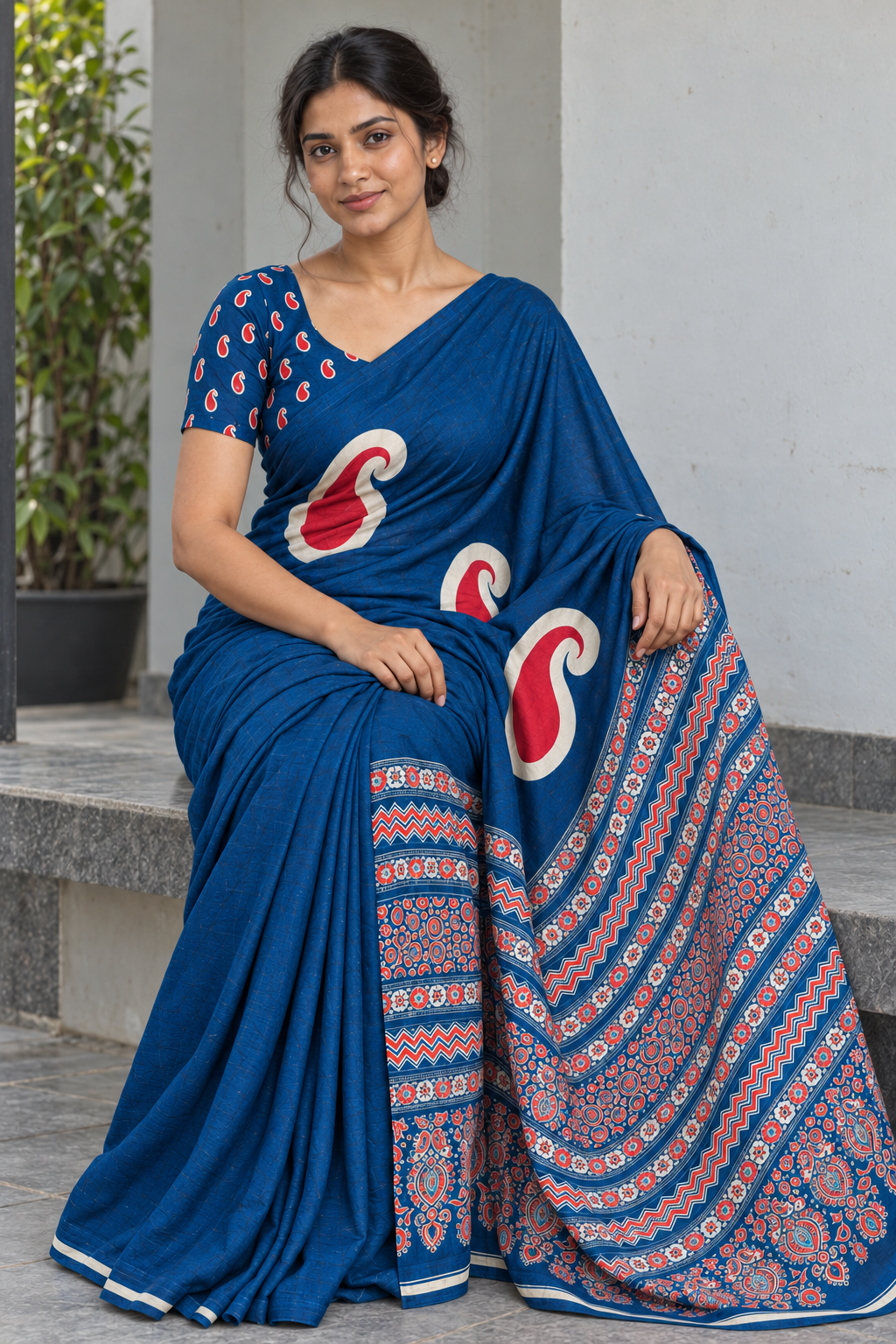 Peacock Blue semi modal silk saree with mango motifs and matching Ajrak pallu, seated blouse and fabric detail