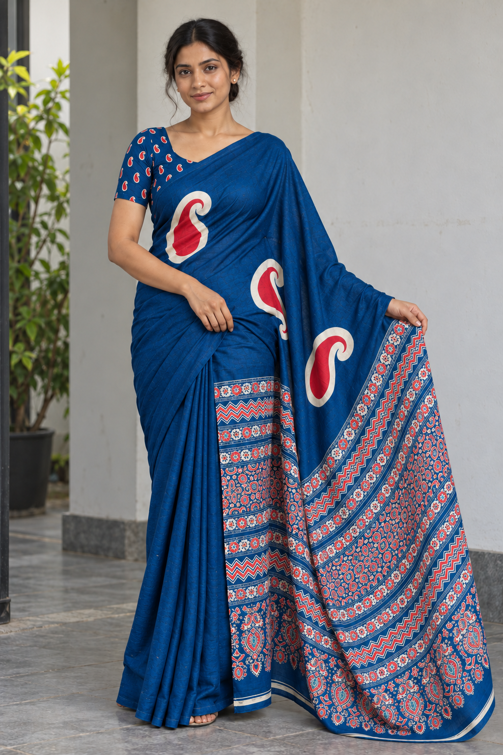 Peacock Blue semi modal silk saree with mango motifs and matching Ajrak pallu, full-length model view