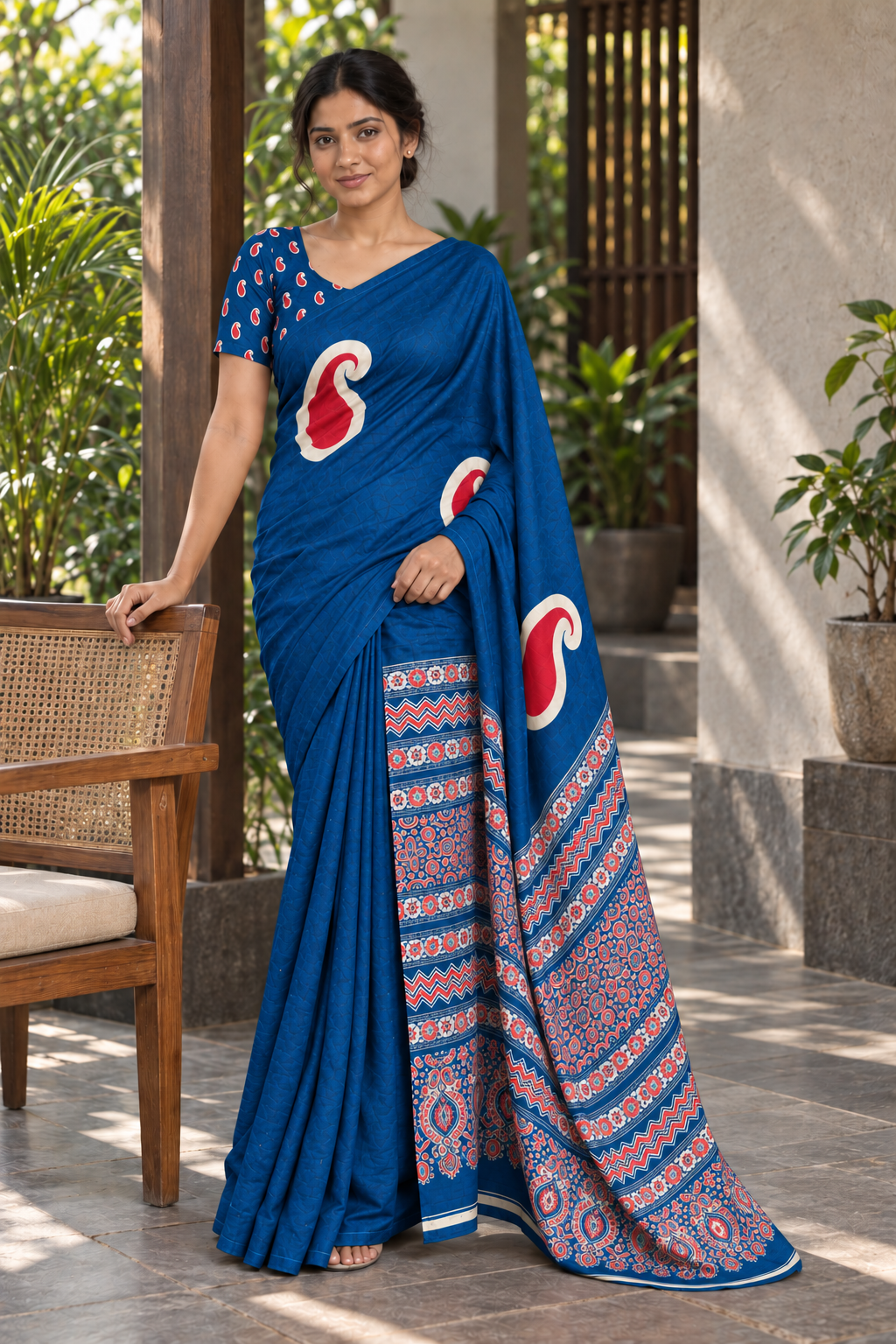 Peacock Blue semi modal silk saree with mango motifs and matching Ajrak pallu, garden terrace lifestyle view
