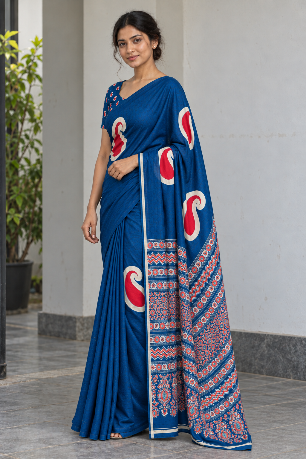 Peacock Blue semi modal silk saree with mango motifs and matching Ajrak pallu, side pallu view