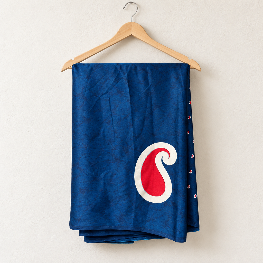 Peacock Blue semi modal silk saree with red and cream raw mango leaf motif