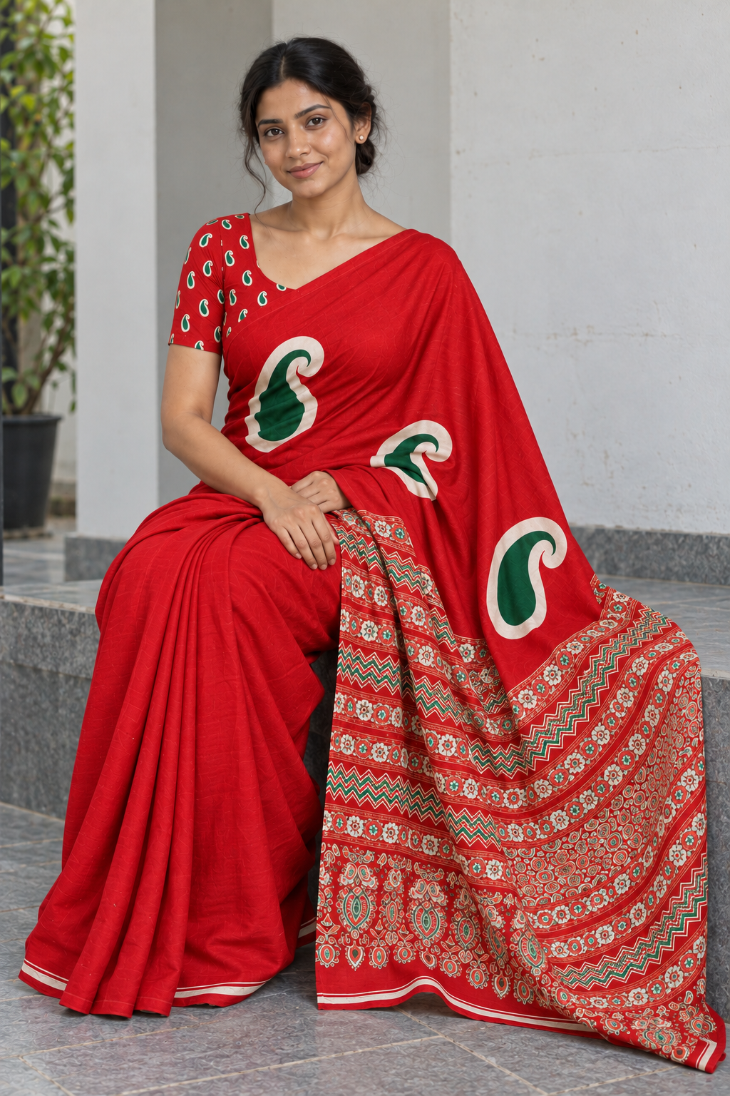 Scarlet semi modal silk saree with green mango motifs and matching scarlet Ajrak pallu, seated blouse and fabric detail