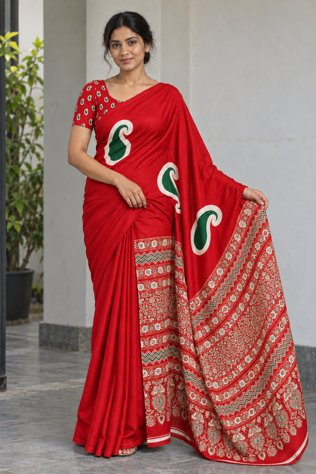 Scarlet semi modal silk saree with green mango motifs and matching scarlet Ajrak pallu, full-length model view