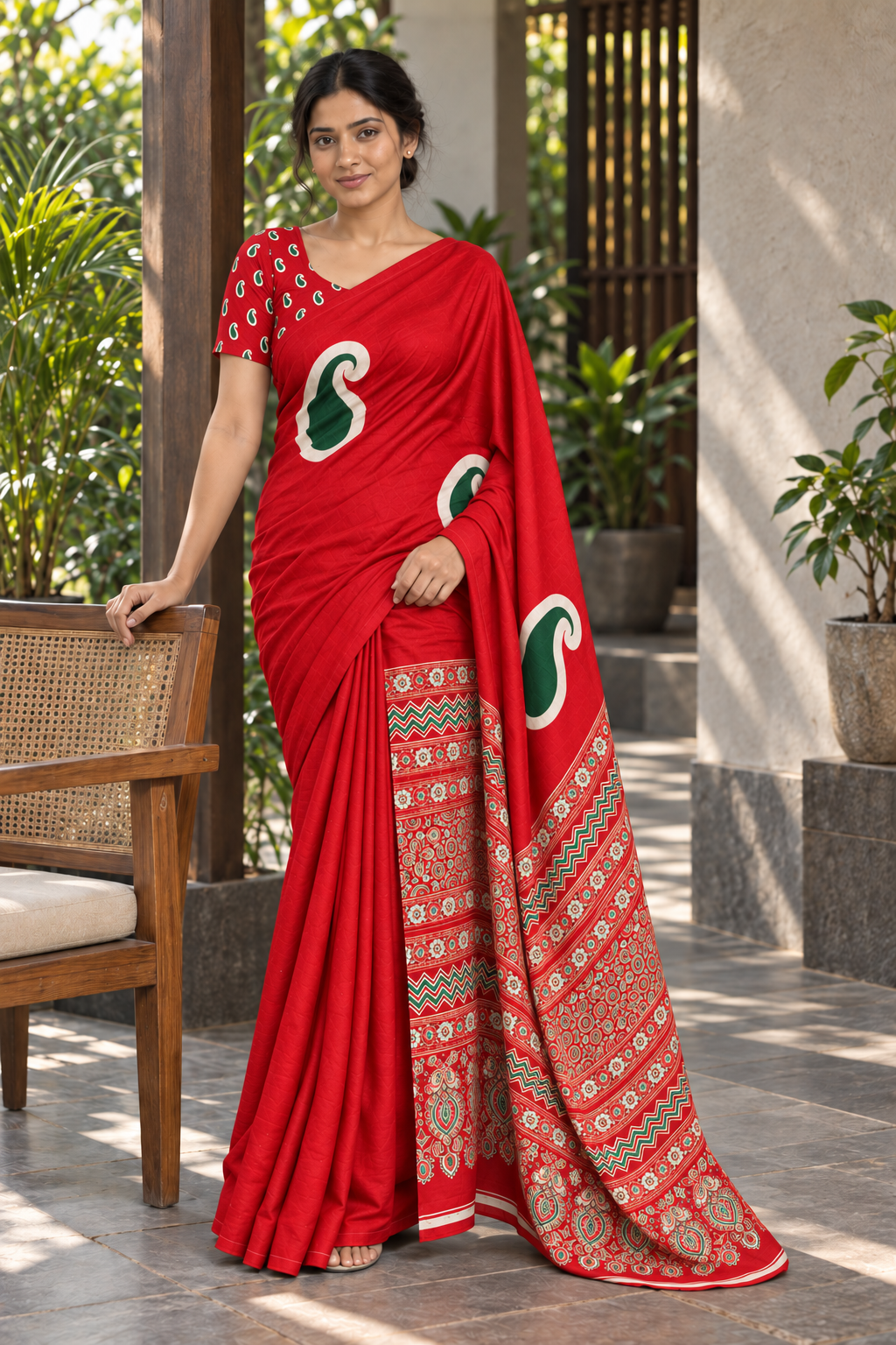 Scarlet semi modal silk saree with green mango motifs and matching scarlet Ajrak pallu, garden terrace lifestyle view
