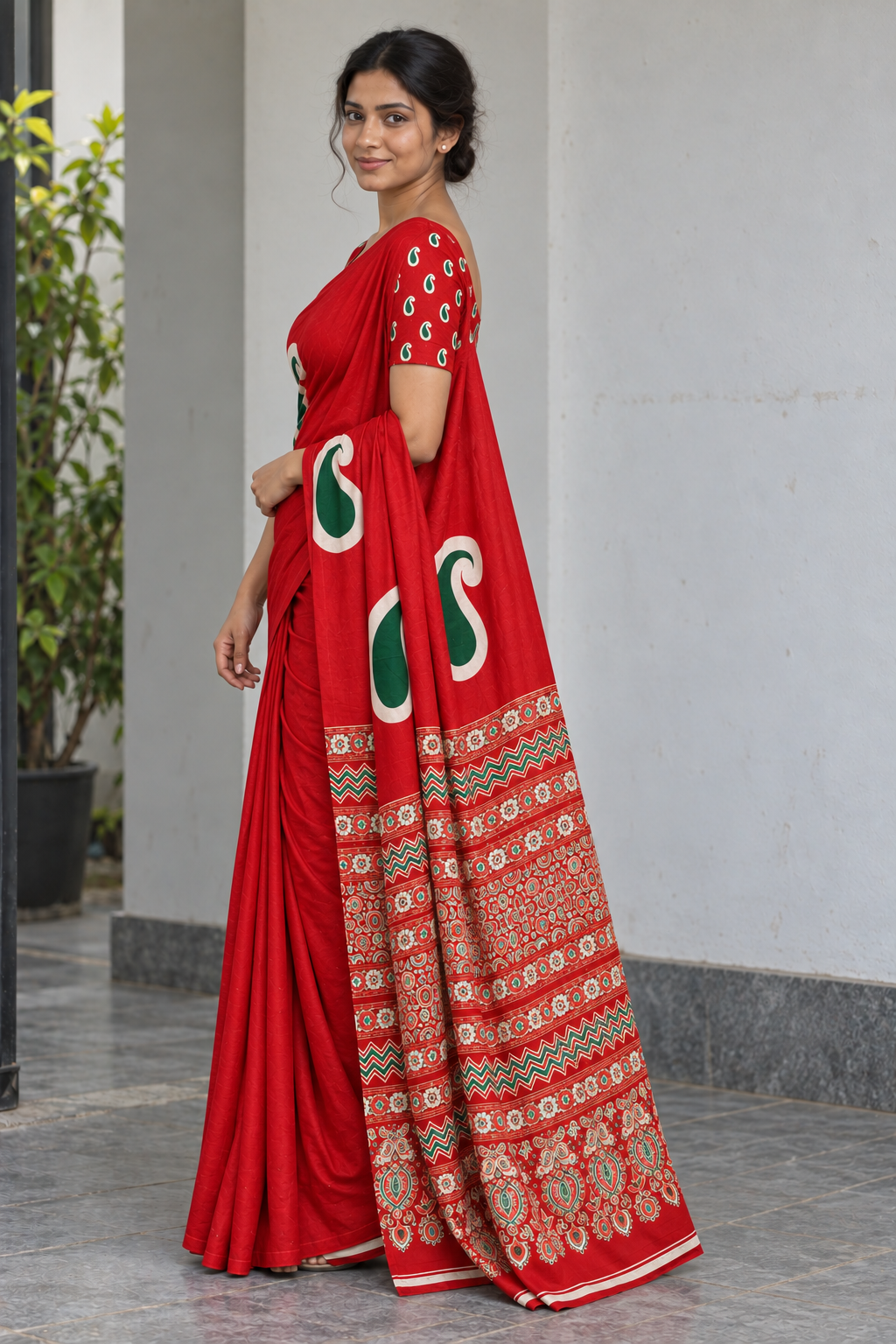 Scarlet semi modal silk saree with green mango motifs and matching scarlet Ajrak pallu, side pallu view