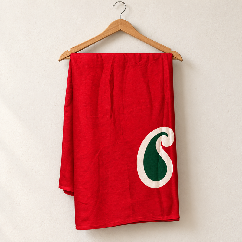 Scarlet semi modal silk saree with green and cream raw mango leaf motif