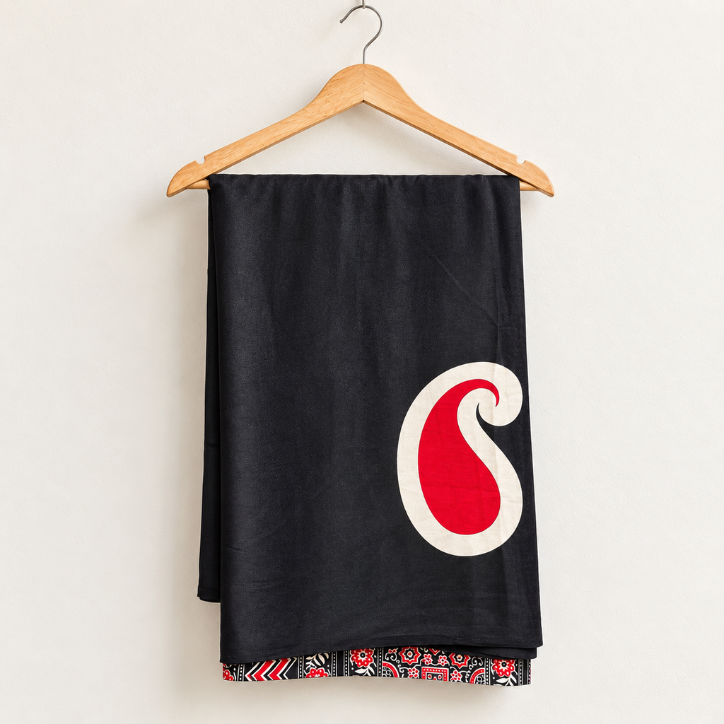 Soft Black semi modal silk saree with red and cream raw mango leaf motif