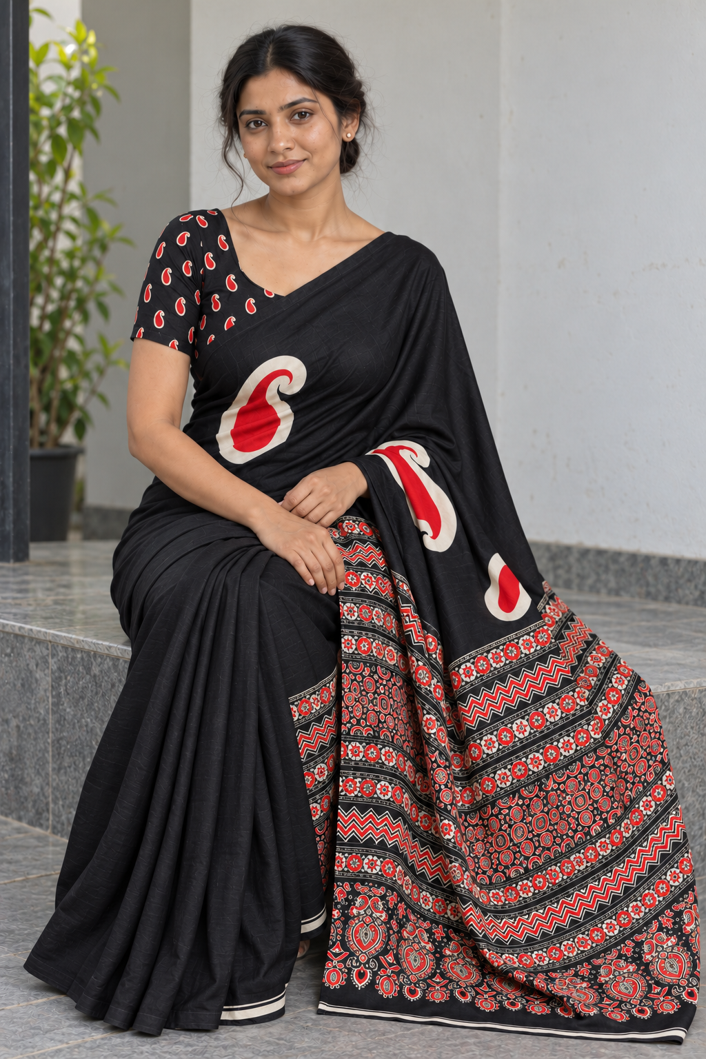 Soft Black semi modal silk saree with mango motifs and matching Ajrak pallu, seated blouse and fabric detail