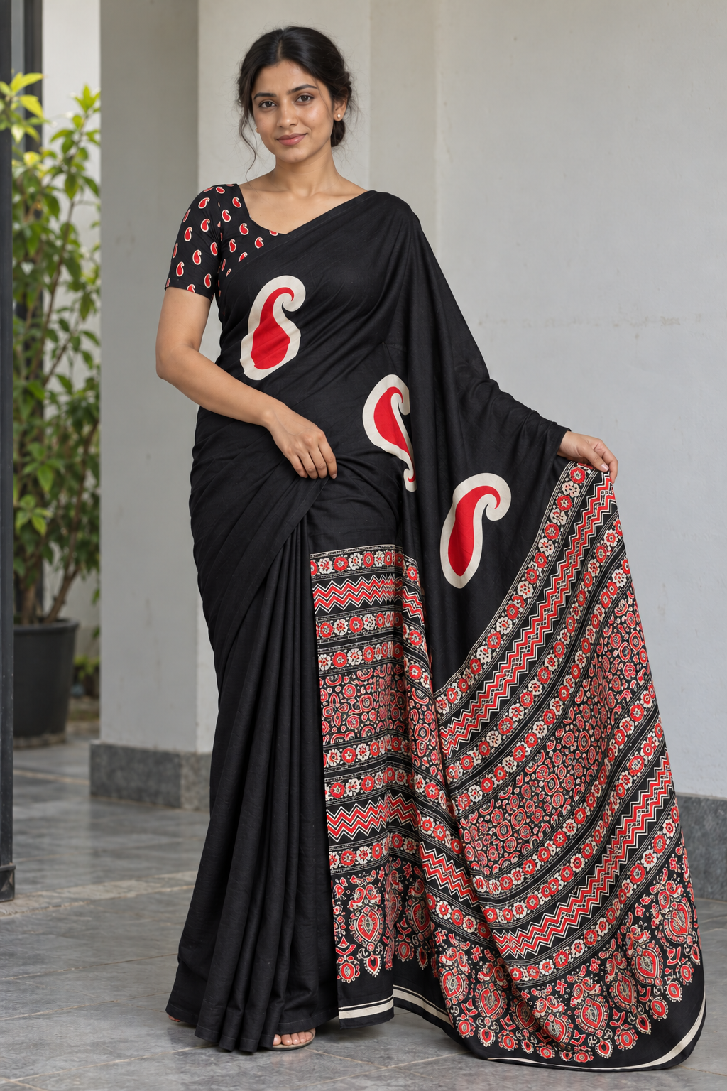 Soft Black semi modal silk saree with mango motifs and matching Ajrak pallu, full-length model view