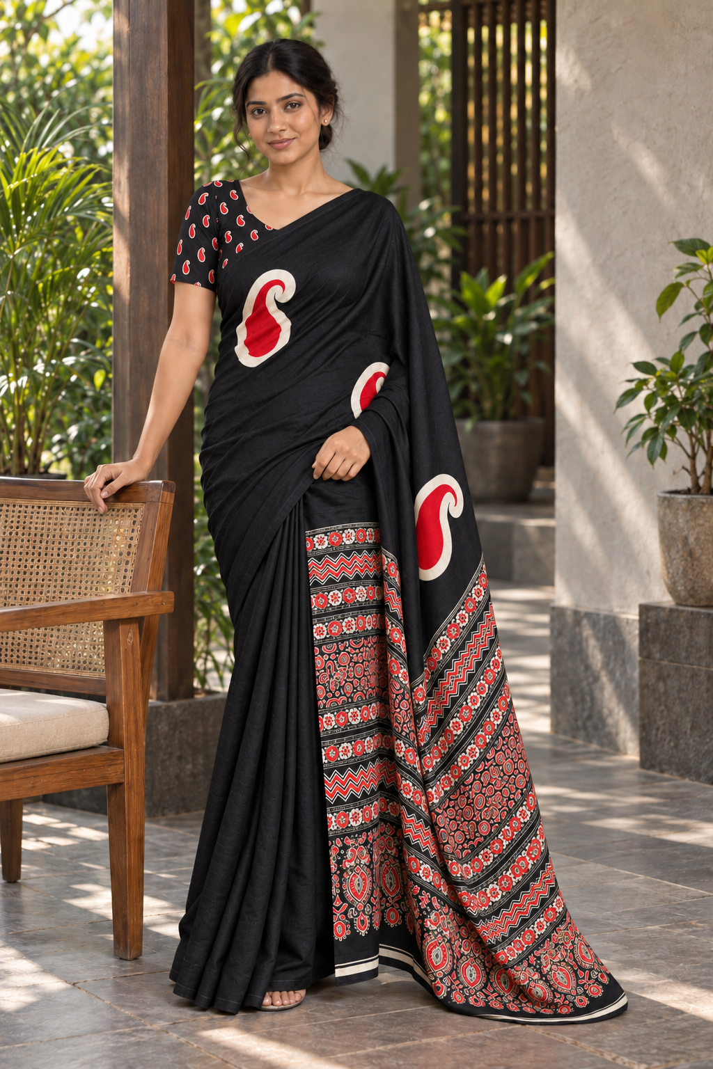 Soft Black semi modal silk saree with mango motifs and matching Ajrak pallu, garden terrace lifestyle view