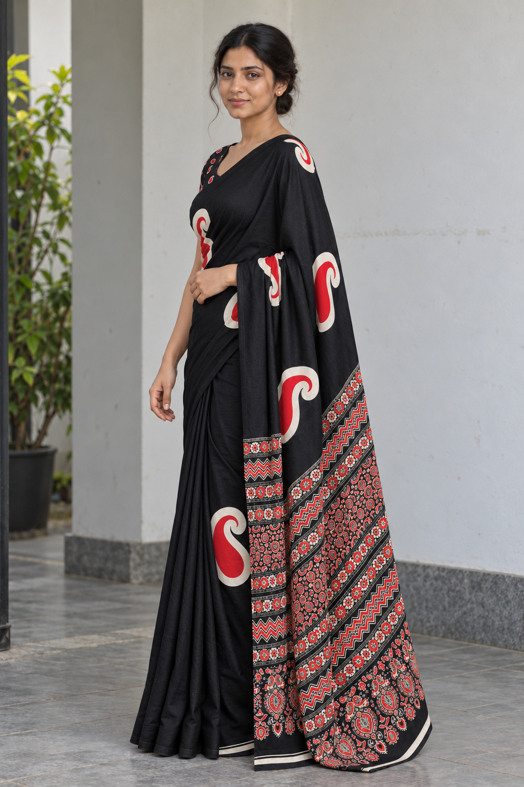 Soft Black semi modal silk saree with mango motifs and matching Ajrak pallu, side pallu view