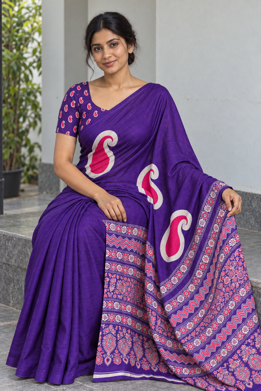 Violet semi modal silk saree with mango motifs and matching Ajrak pallu, seated blouse and fabric detail