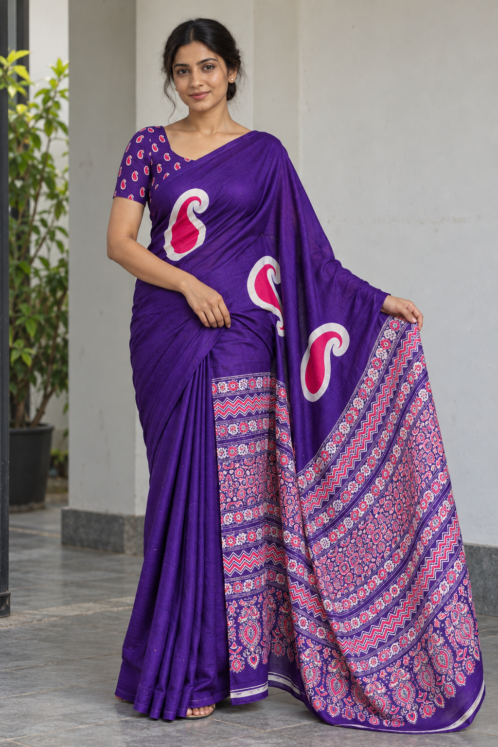 Violet semi modal silk saree with mango motifs and matching Ajrak pallu, full-length model view