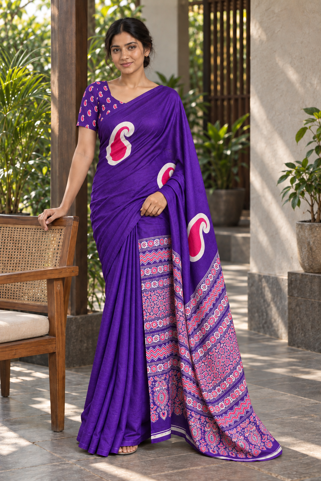 Violet semi modal silk saree with mango motifs and matching Ajrak pallu, garden terrace lifestyle view