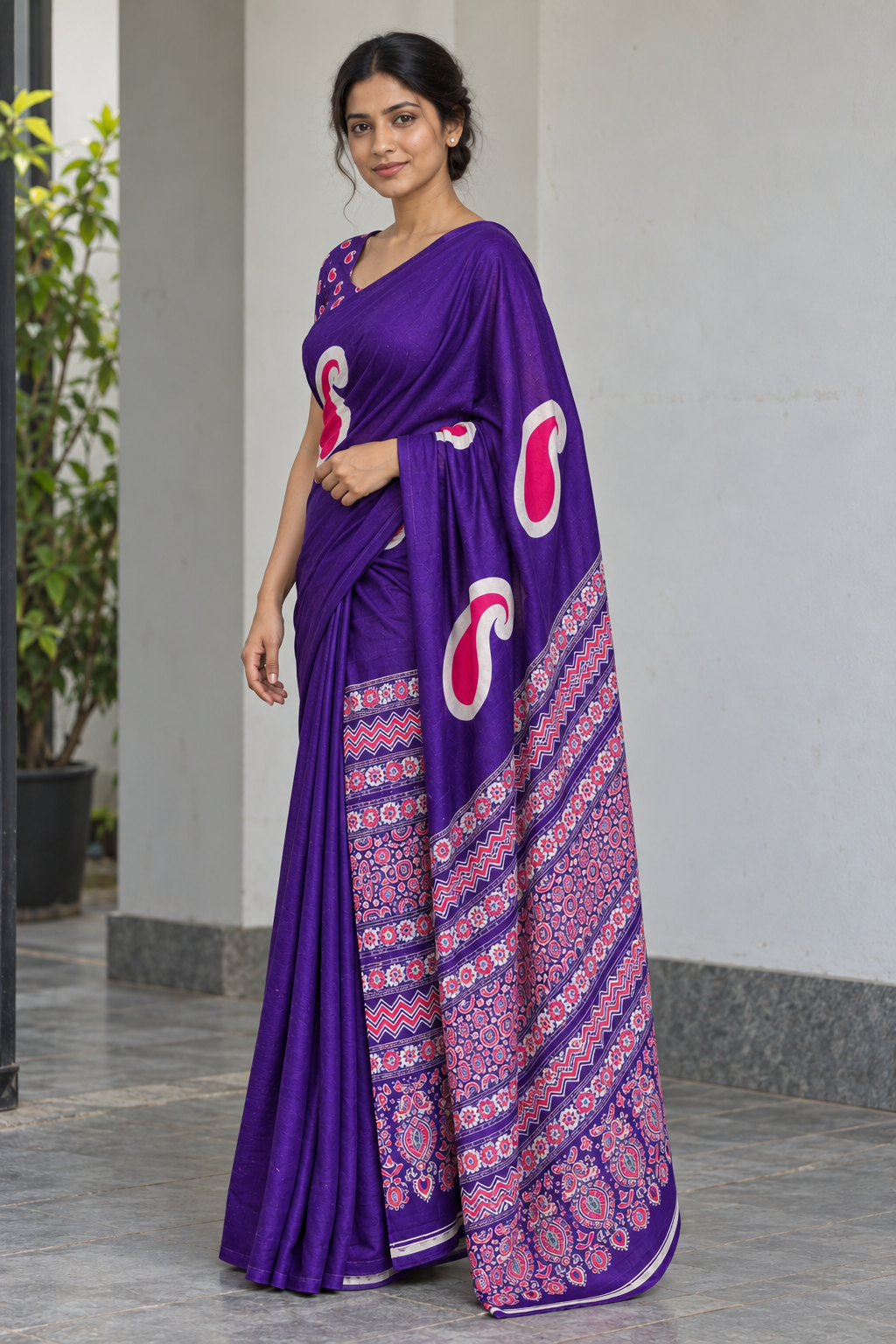 Violet semi modal silk saree with mango motifs and matching Ajrak pallu, side pallu view
