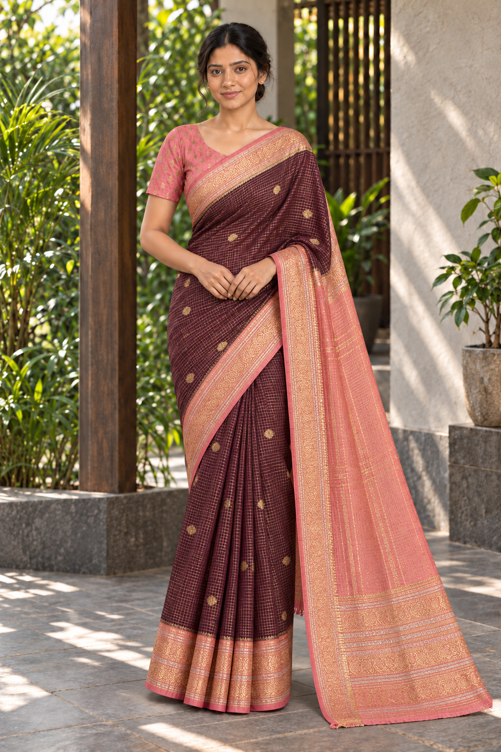 Wine Dharmavaram Pattu Saree with Pink & Gold Border — full-length drape