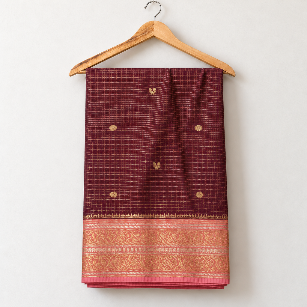 Wine Dharmavaram Pattu Saree with Pink & Gold Border — body and border on a wooden hanger