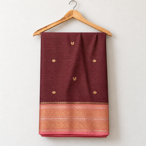 Wine Dharmavaram Pattu Saree with Pink & Gold Border — body and border on a wooden hanger