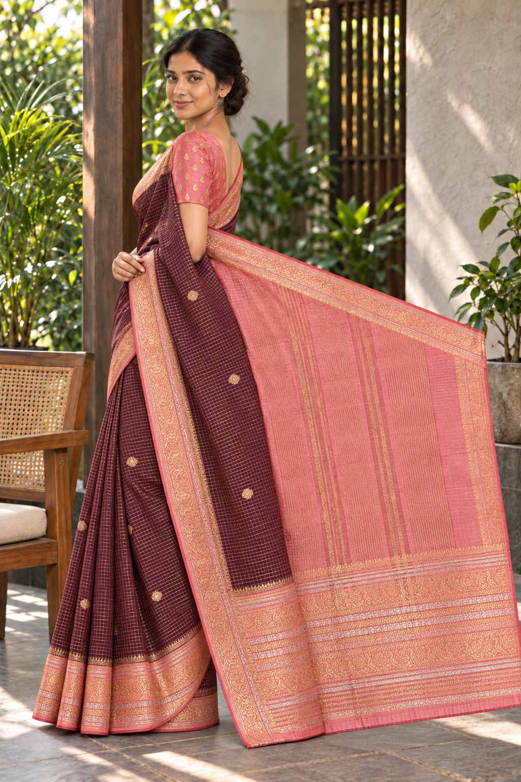 Wine Dharmavaram Pattu Saree with Pink & Gold Border — pallu displayed on model