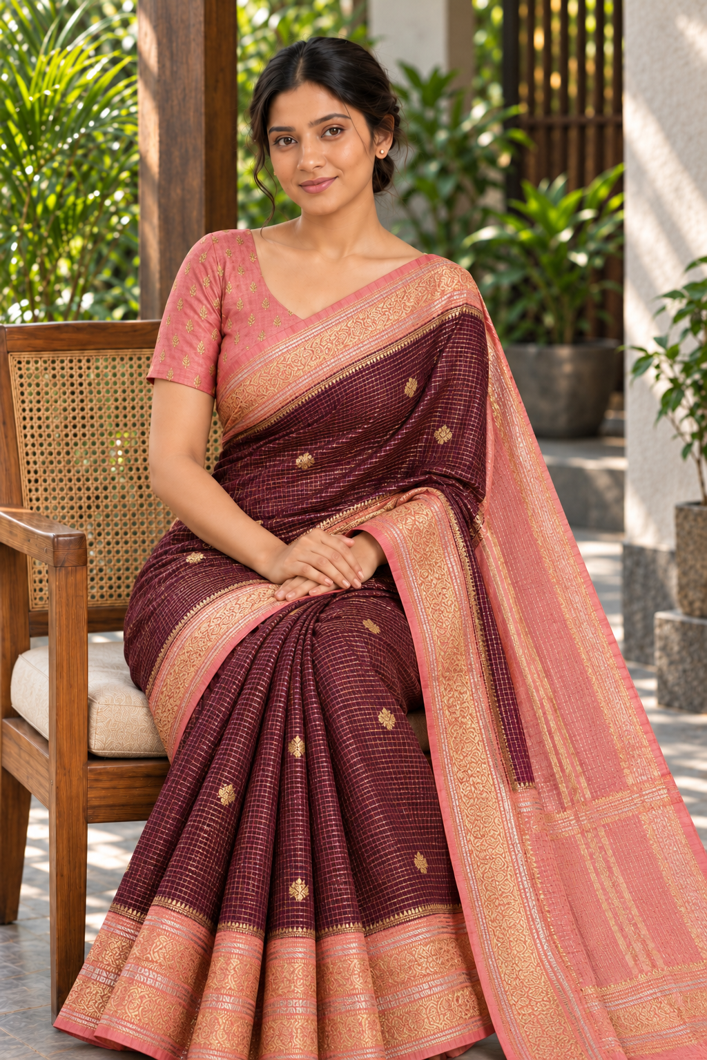 Wine Dharmavaram Pattu Saree with Pink & Gold Border — seated model and fabric detail