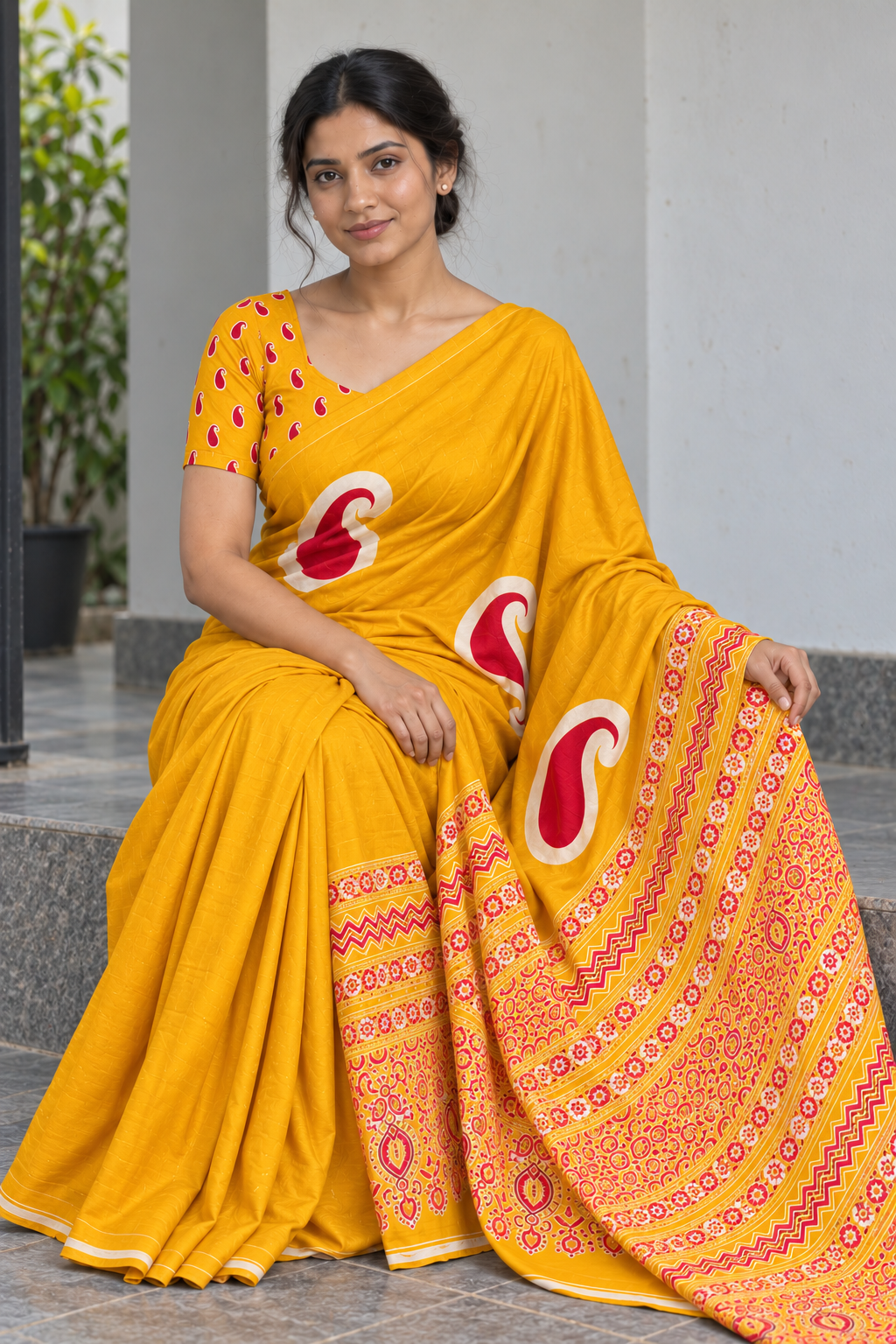 Golden Yellow semi modal silk saree with mango motifs and colour-matched Ajrak pallu, seated blouse and fabric detail