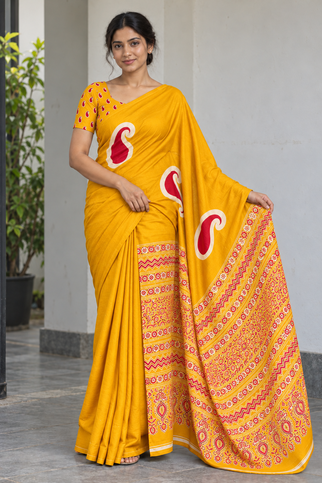 Golden Yellow semi modal silk saree with mango motifs and colour-matched Ajrak pallu, full-length model view