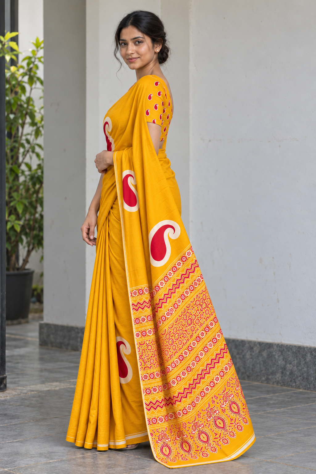 Golden Yellow semi modal silk saree with mango motifs and colour-matched Ajrak pallu, side pallu view